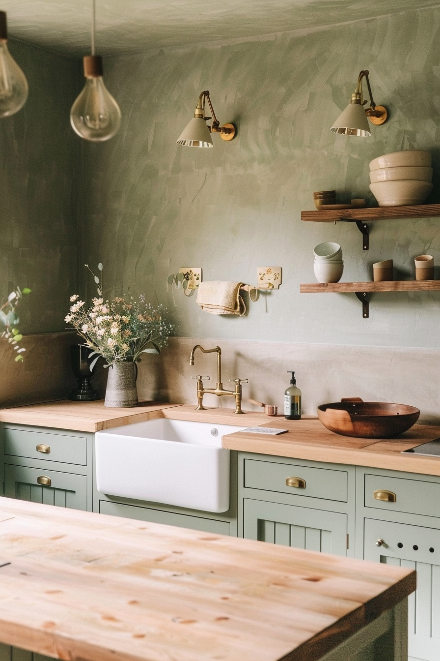 A cozy sage green kitchen with wooden countertops, floating shelves, and vintage-style lighting fixtures.