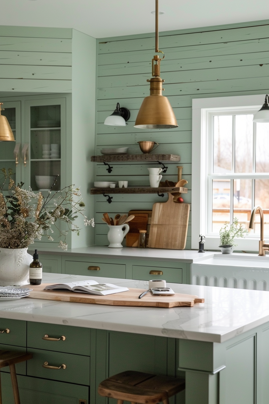 ALT: A cozy kitchen interior with mint green cabinetry, wooden shelves, brass pendant lights, and a white countertop with a recipe book.