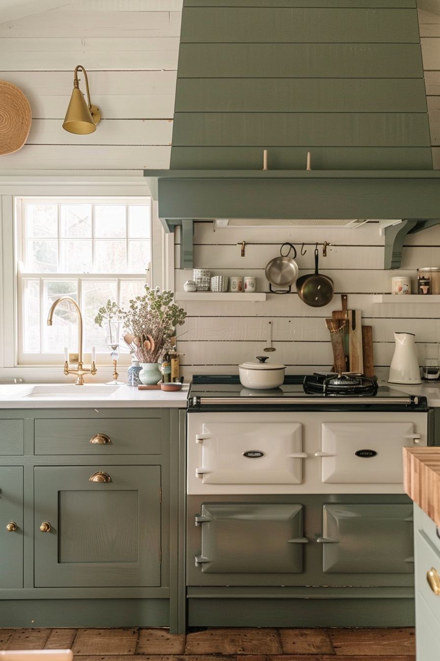 ALT: Cozy, cottage-style kitchen with a vintage stove, sage green cabinetry, brass fixtures, and natural wood accents.