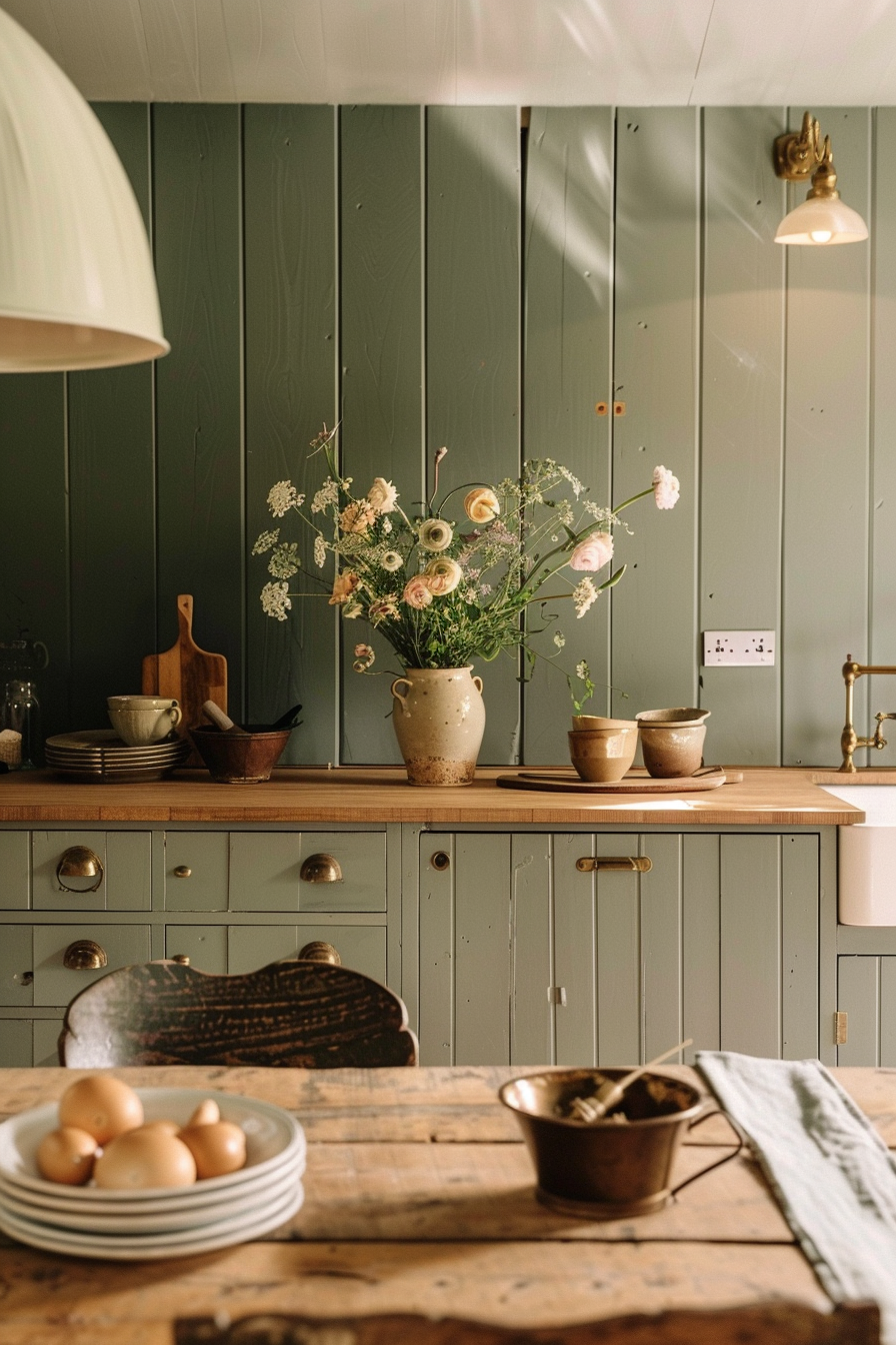 ALT: A cozy kitchen interior with pale green cabinets, wooden countertops, and a bouquet of flowers in a vase, with natural light filtering in.
