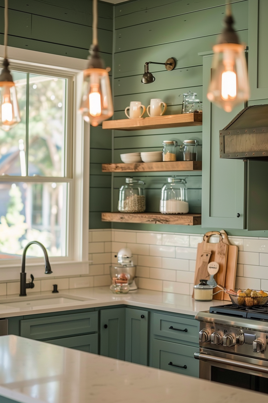 Cozy kitchen interior with teal cabinets, floating wooden shelves, subway tiles, and hanging pendant lights.