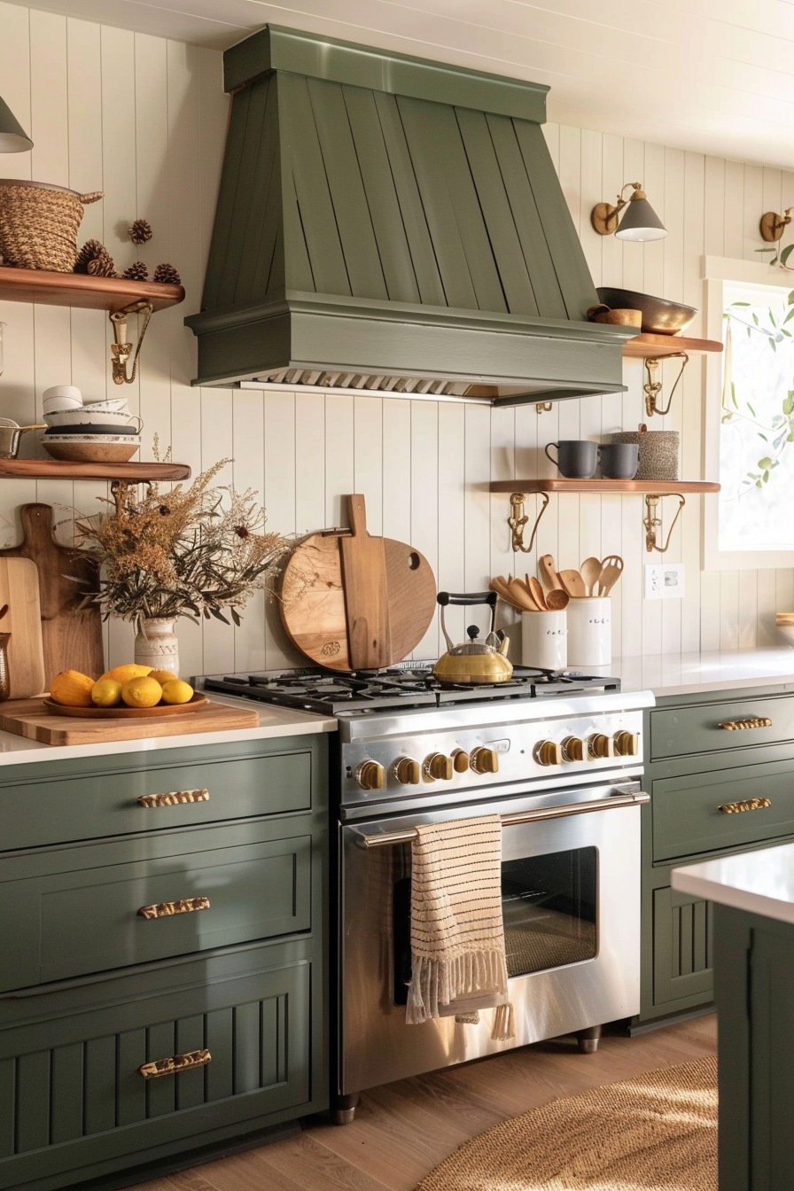 A cozy kitchen corner with olive green cabinets, copper accents, wooden utensils, and a rustic range hood.