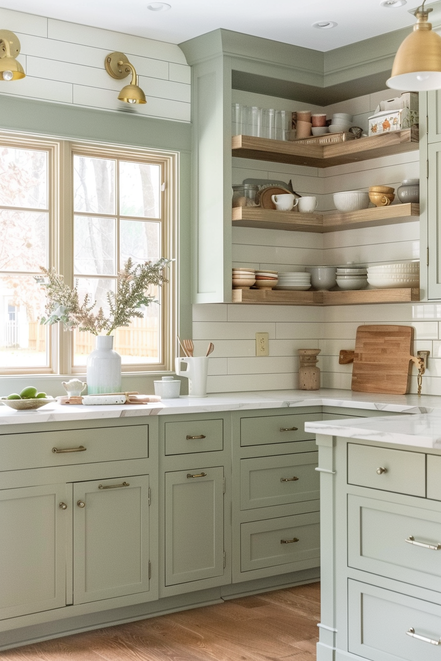 ALT: A bright kitchen corner with pale green cabinetry, floating wooden shelves, brass fixtures, and a window letting in natural light.