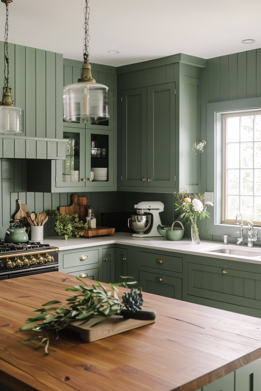 A modern kitchen with olive green cabinetry, brass hardware, wood countertops, and hanging glass pendant lights.