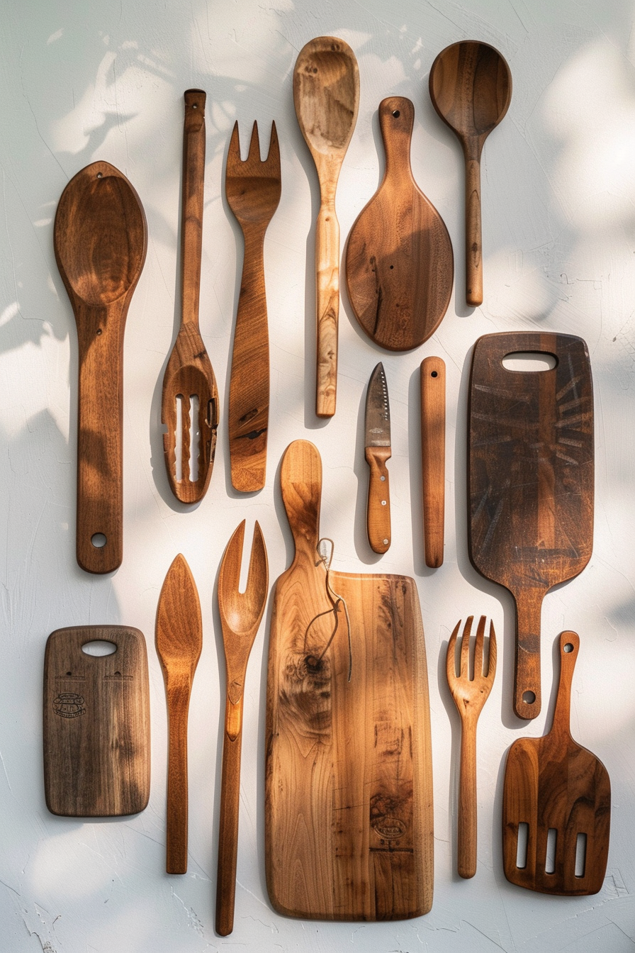 ALT: A variety of wooden kitchen utensils including spoons, a fork, knives, and cutting boards arranged on a light background.