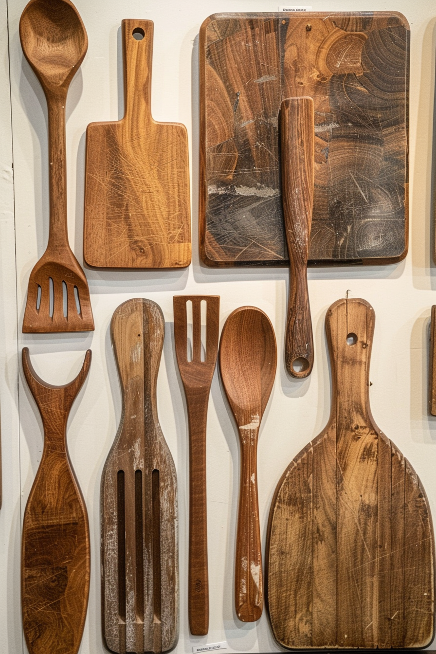 Wooden kitchen utensils and cutting boards of various shapes and sizes displayed on a wall.