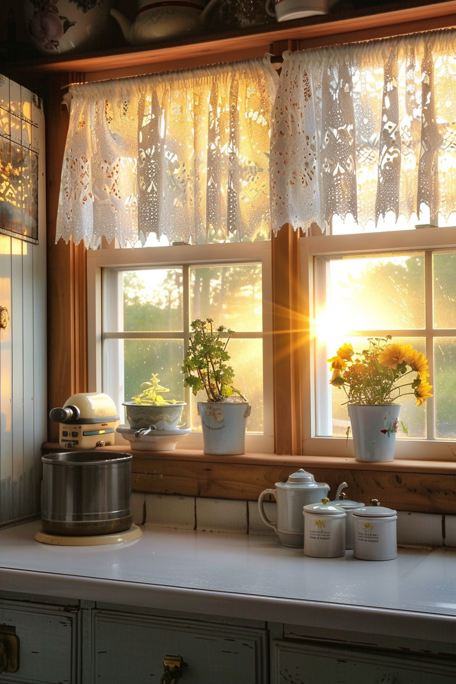 Warm sunlight streams through a kitchen window with lace curtains, highlighting pots of flowers and vintage kitchenware on the sill.