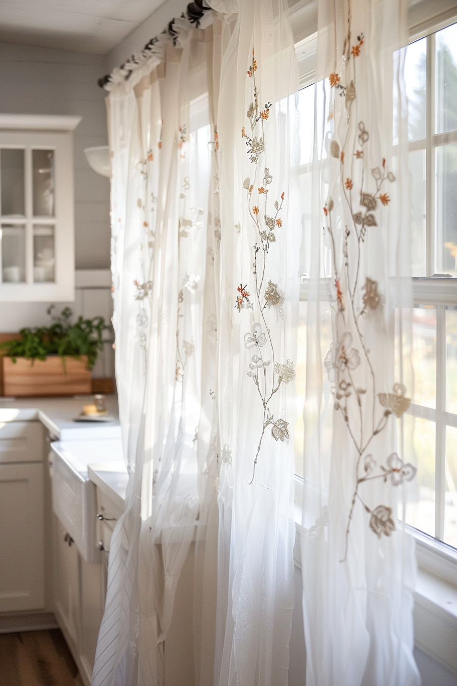 White sheer curtains with floral embroidery hanging in a sunny kitchen with white cabinets and a wooden countertop.