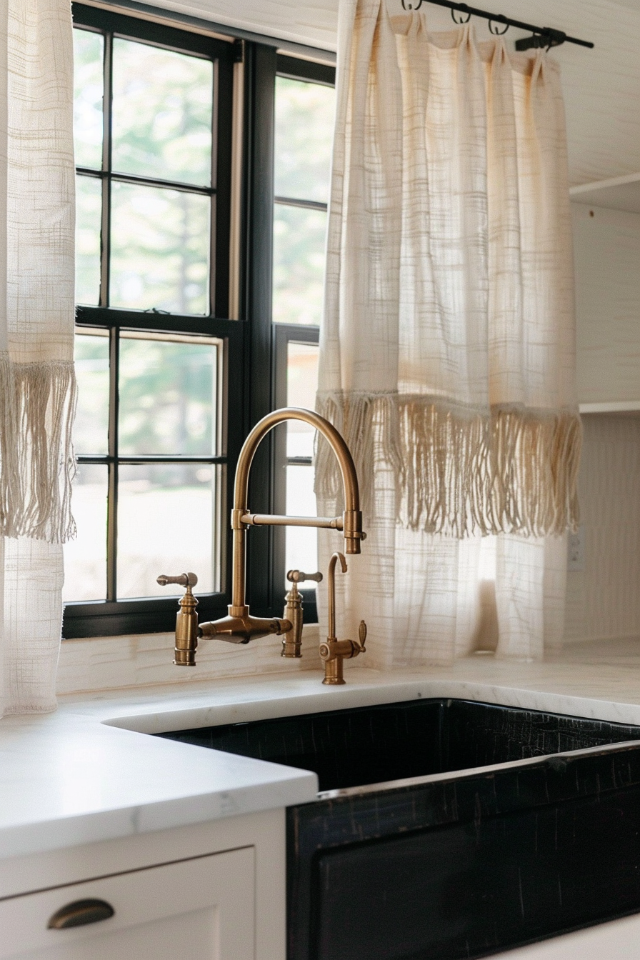 Elegant kitchen interior with a brass faucet over a black farmhouse sink, white countertop, and sheer curtains by a window.