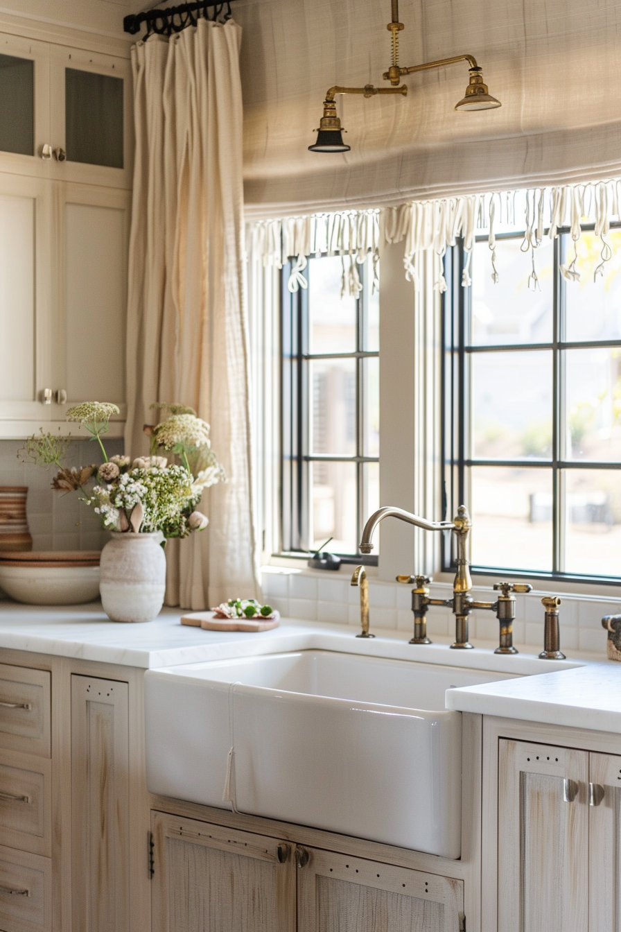 Bright kitchen interior with brass fixtures, white farmhouse sink, draped curtains, and a vase of flowers on the counter.