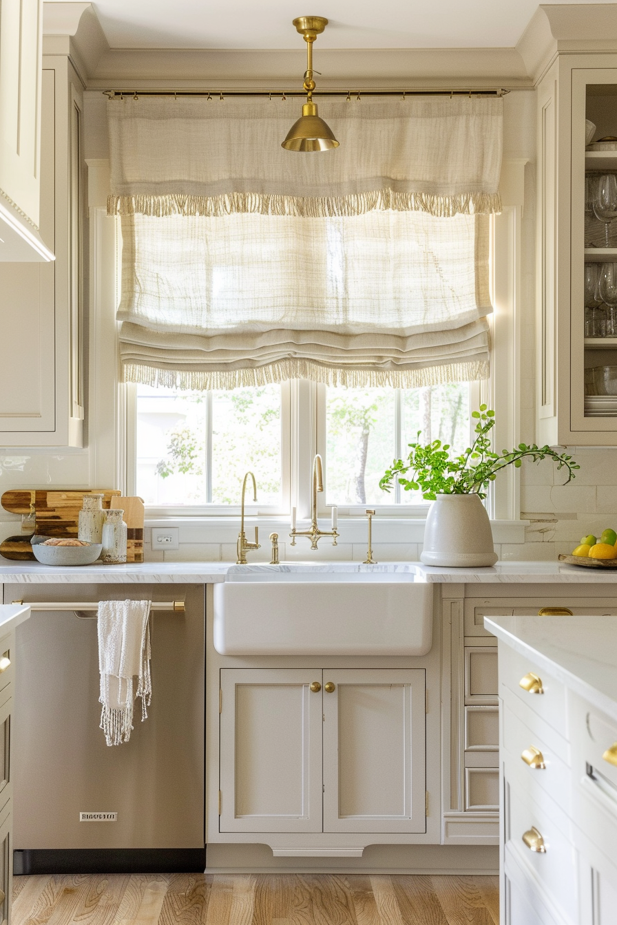 Elegant kitchen interior with a farmhouse sink, brass fixtures, and a sheer window shade allowing natural light.