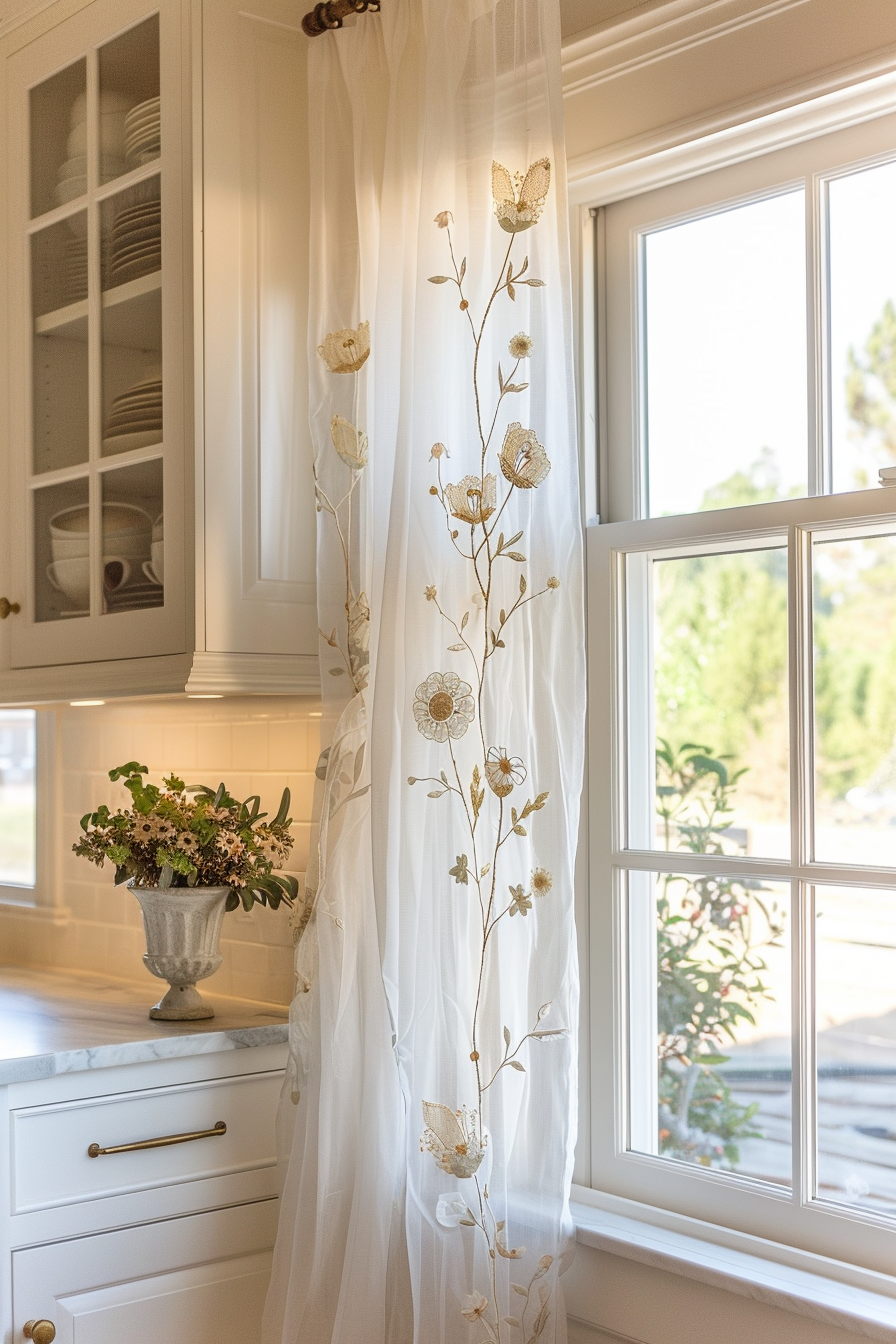 Elegant kitchen interior with white floral-patterned curtain, marble countertop, and a bouquet in an antique vase by the sunny window.