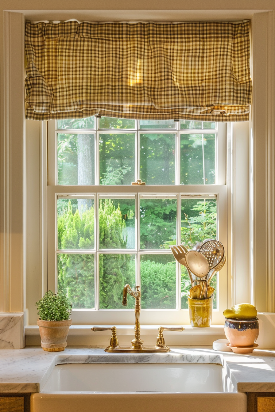 A cozy kitchen window with a checkered valance overlooking greenery outside, a brass faucet, and utensils on the marble countertop.