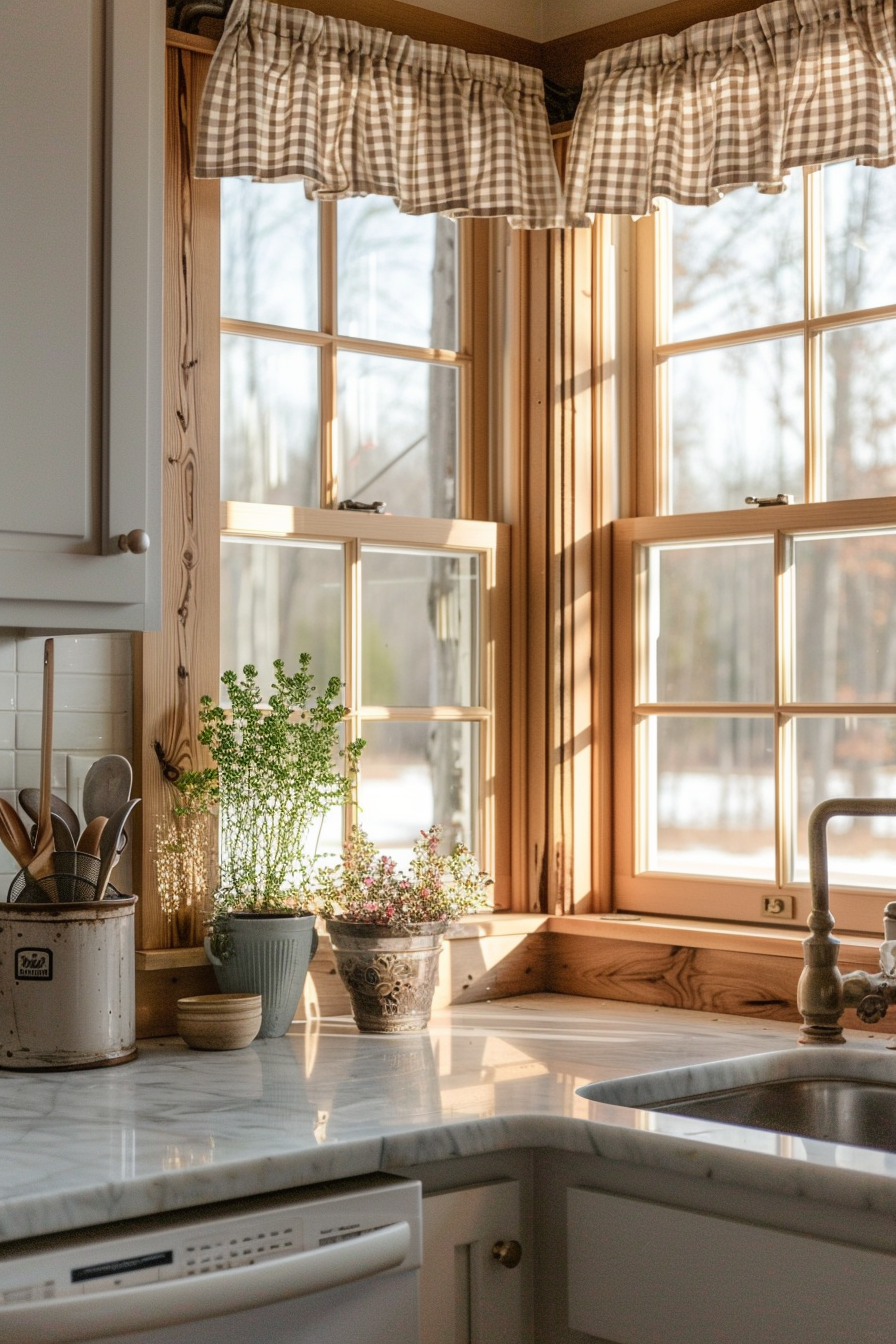 Cozy kitchen interior with sunlight streaming in through wooden framed windows, potted plants on sill, and utensils in a container.