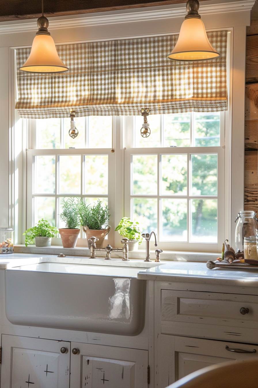 A cozy kitchen with plaid Roman shades, hanging lights, a farmhouse sink, and potted herbs on the windowsill.