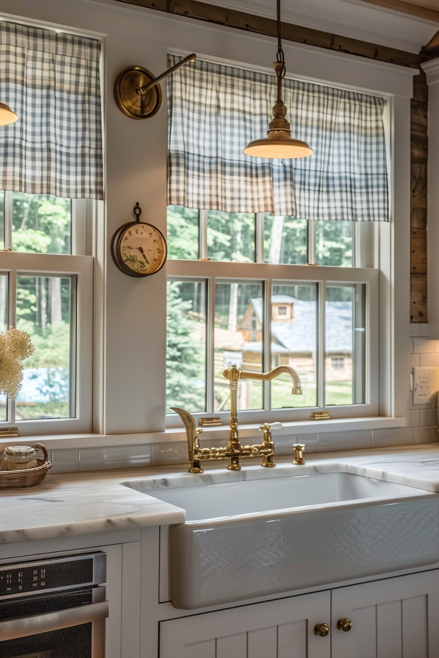 Rustic kitchen interior with checkered curtains, a brass faucet over a farmhouse sink, and a view of trees outside the window.