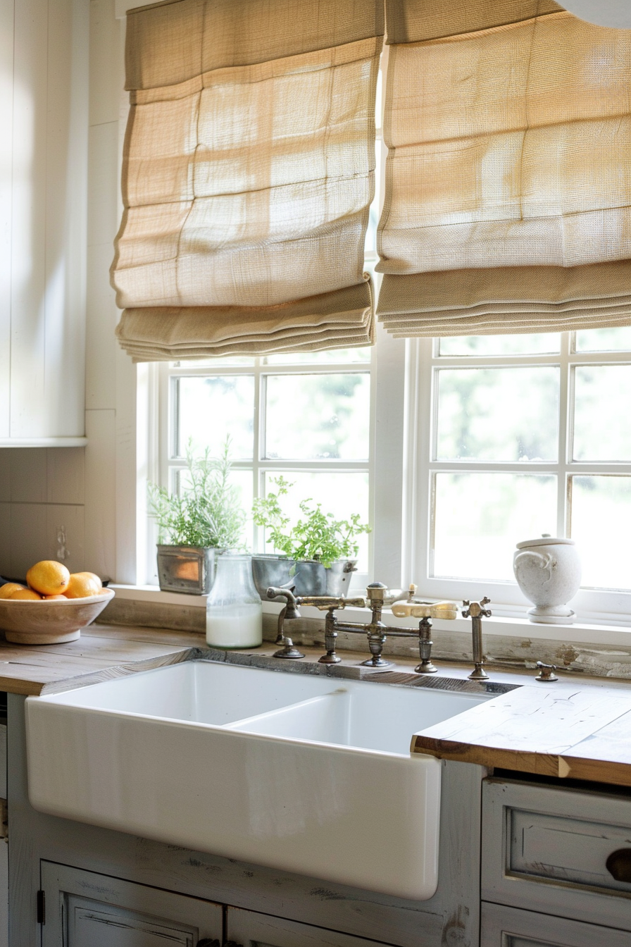 A cozy kitchen scene with a white farmhouse sink, antique-style faucet, and beige roman shades in front of a sunny window.