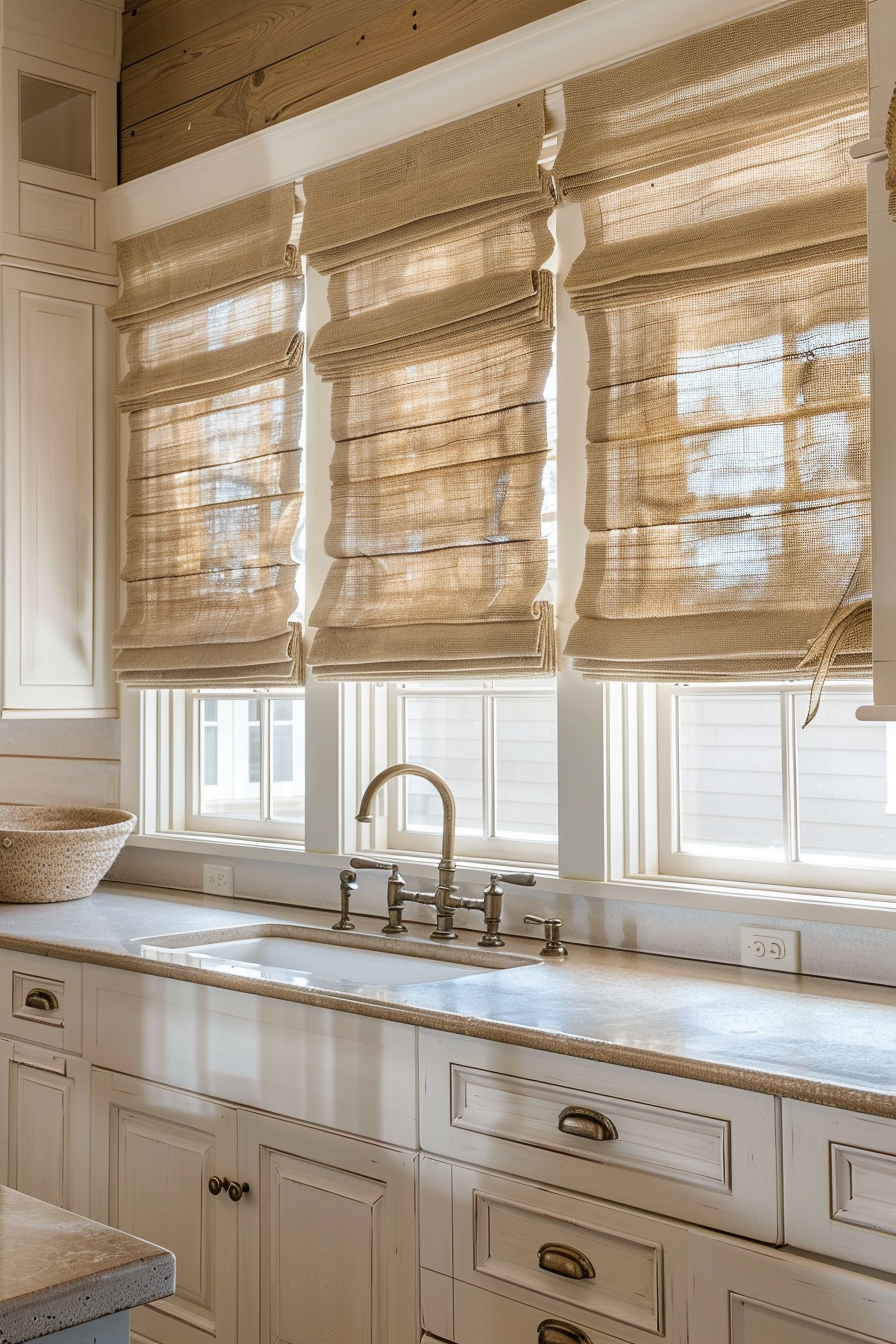 Sunlight filters through burlap roman shades in a cozy kitchen with white cabinets and a farmhouse sink.