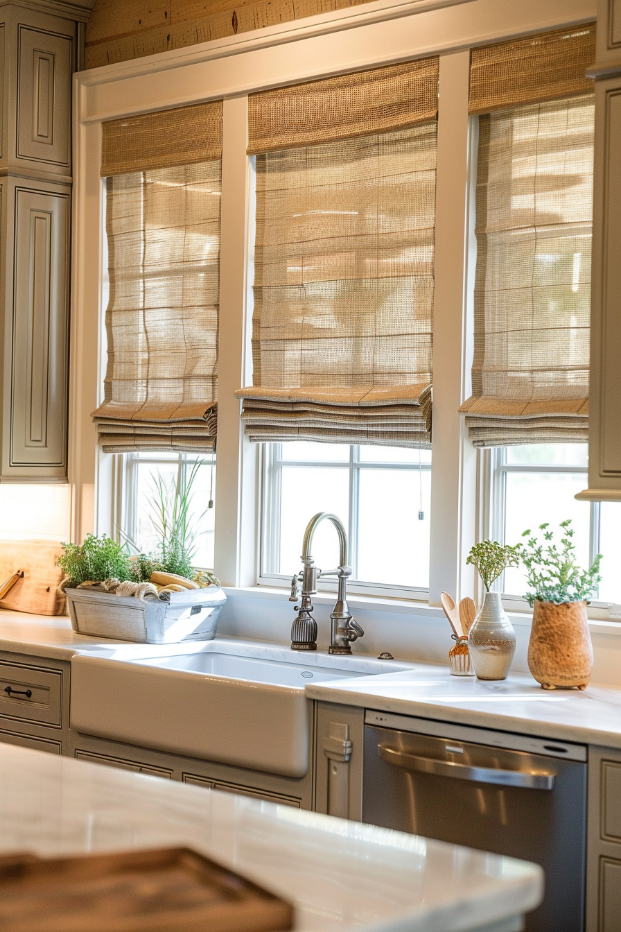 Cozy kitchen interior with Roman shades, farmhouse sink, traditional faucet, and decorative plants by the window.