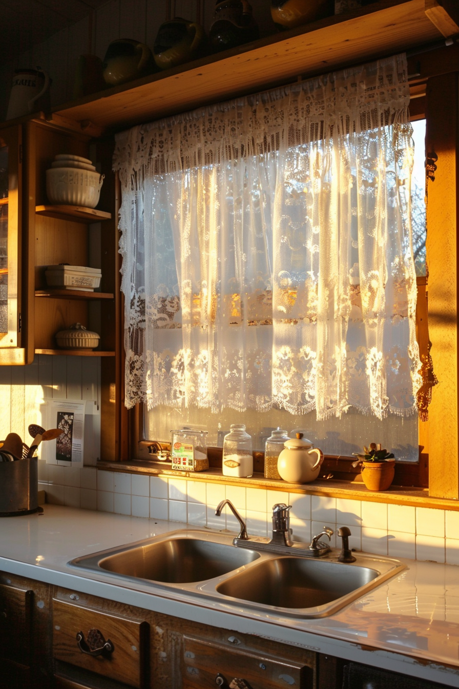 Warm sunlight streams through lace kitchen curtains, casting a golden glow over a cozy, rustic sink area with vintage utensils and pottery.