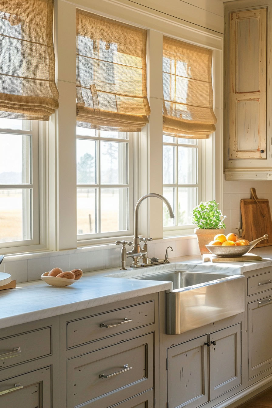 Cozy kitchen interior with sunlight filtering through bamboo roman shades, featuring a farmhouse sink, marble countertops, and wooden accents.