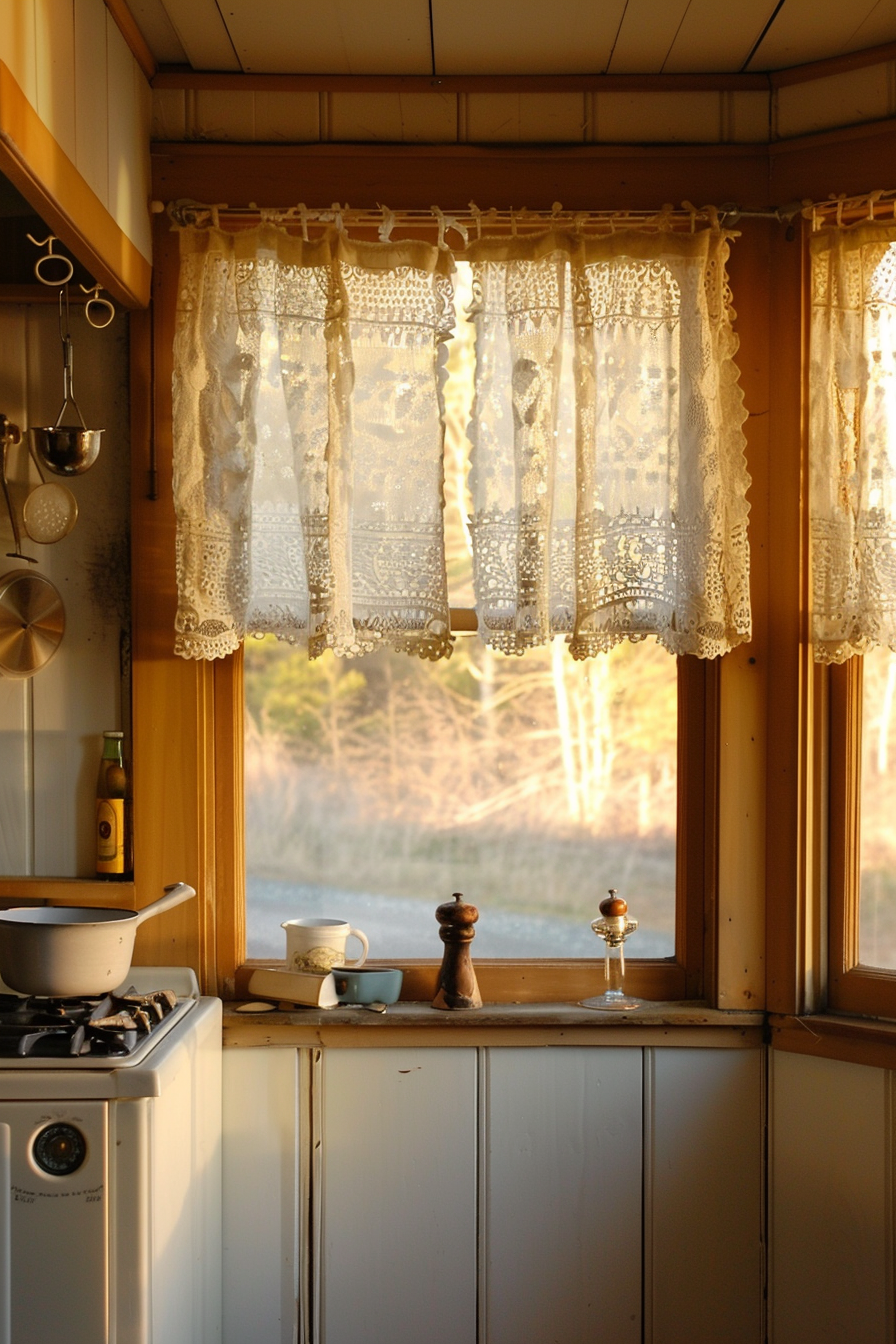 A cozy kitchen interior with warm sunlight filtering through lace curtains, a stove to the left, and salt and pepper shakers on the sill.