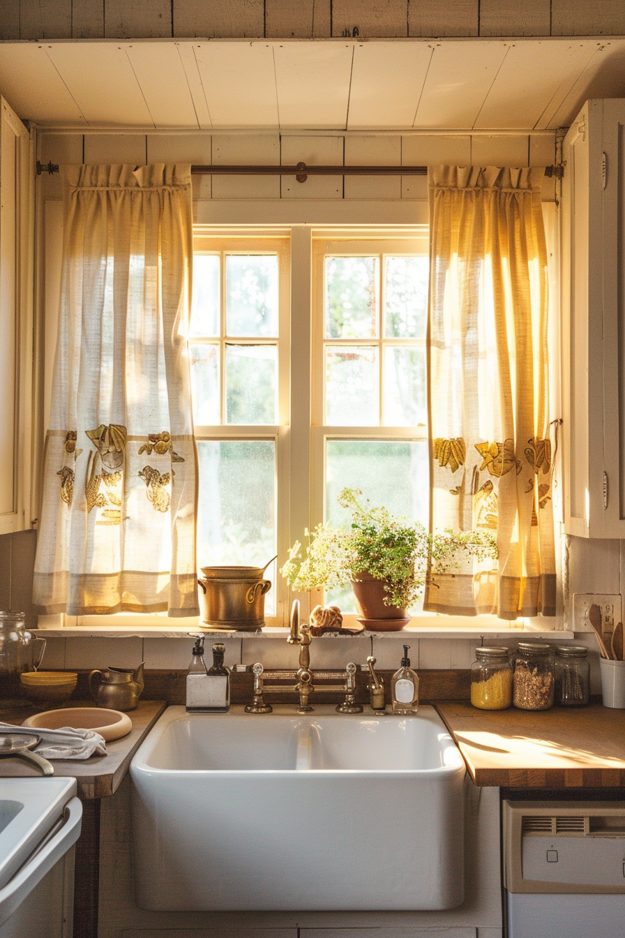 Cozy kitchen interior at sunset with sunlight streaming through window curtains, highlighting a farmhouse sink and potted plants.