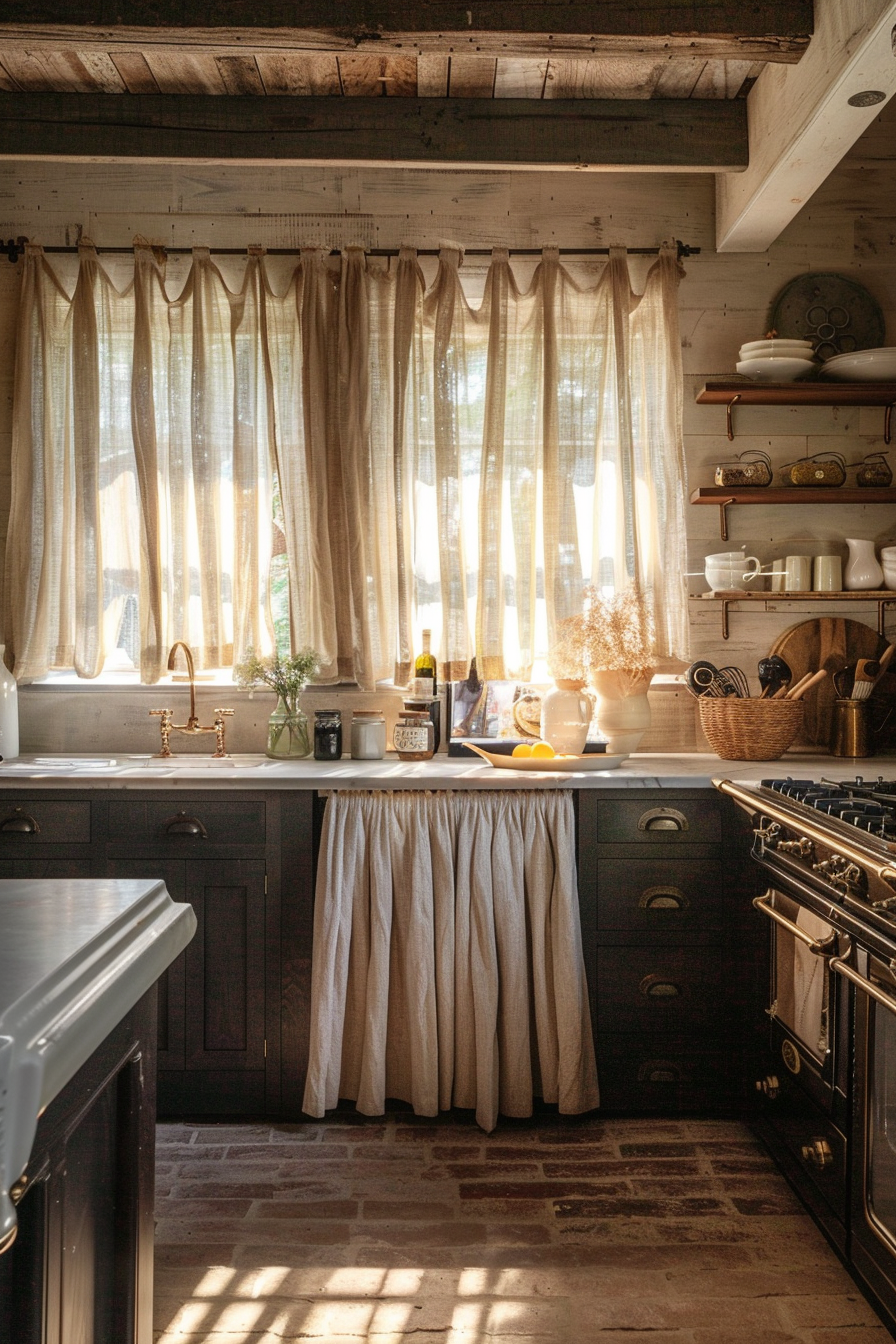 Rustic kitchen interior with natural light filtering through sheer curtains, highlighting a traditional stove and wooden countertops.