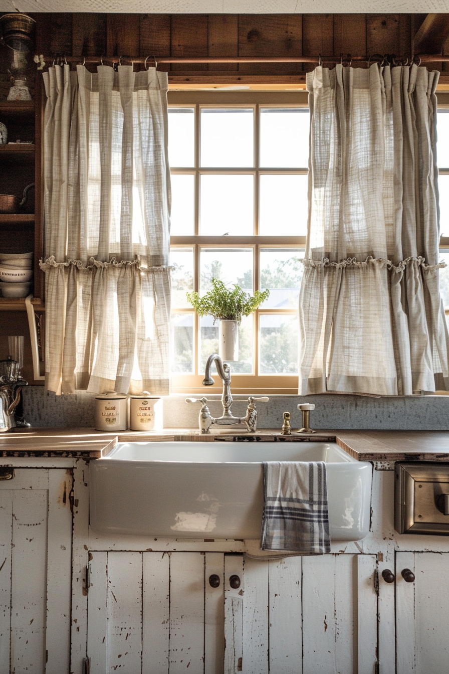 A rustic kitchen interior with weathered white cabinets, farmhouse sink, brass faucet, and light curtains on a window above the sink.