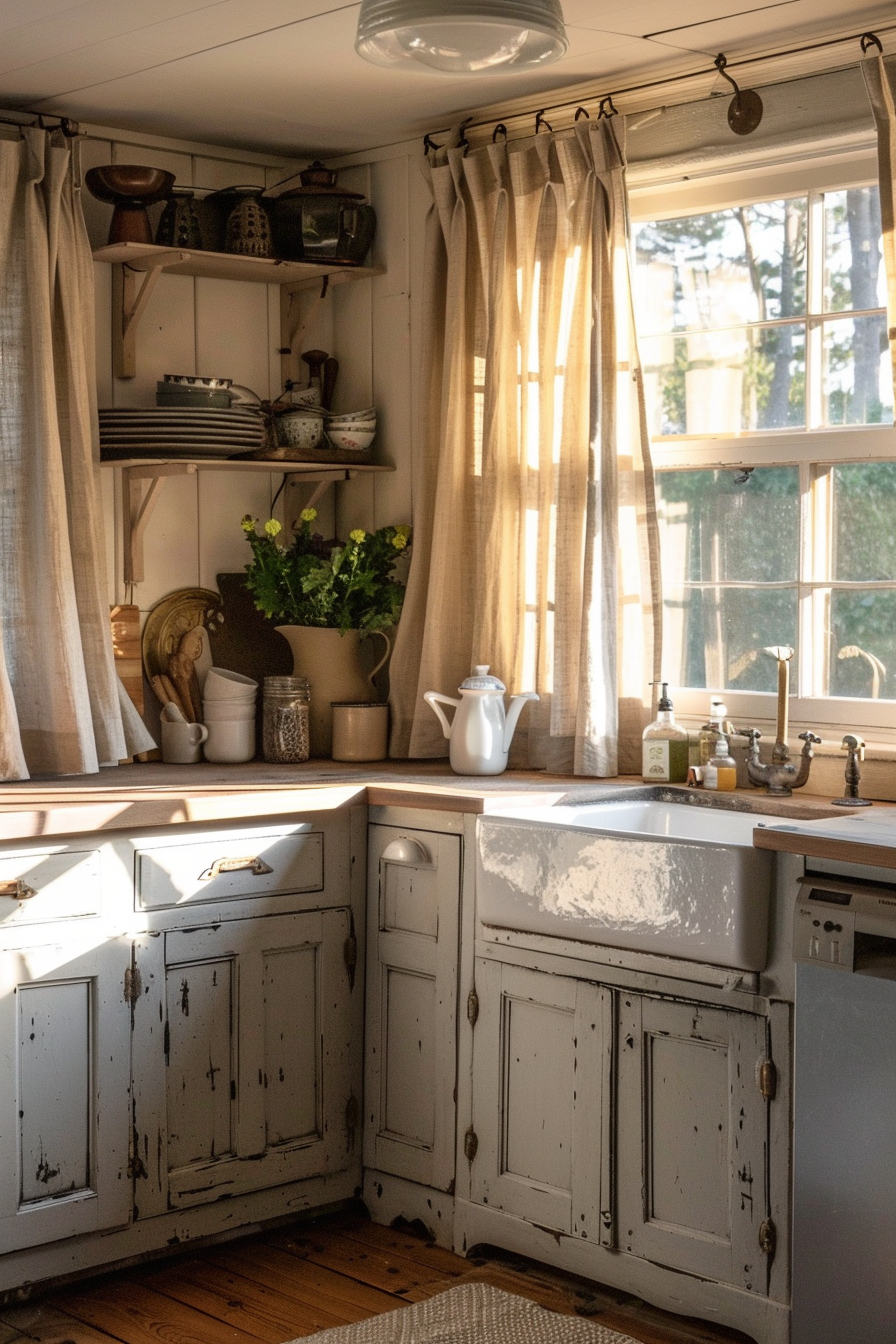Warm sunlight filters through curtains into a rustic kitchen with distressed cabinets and vintage decor.