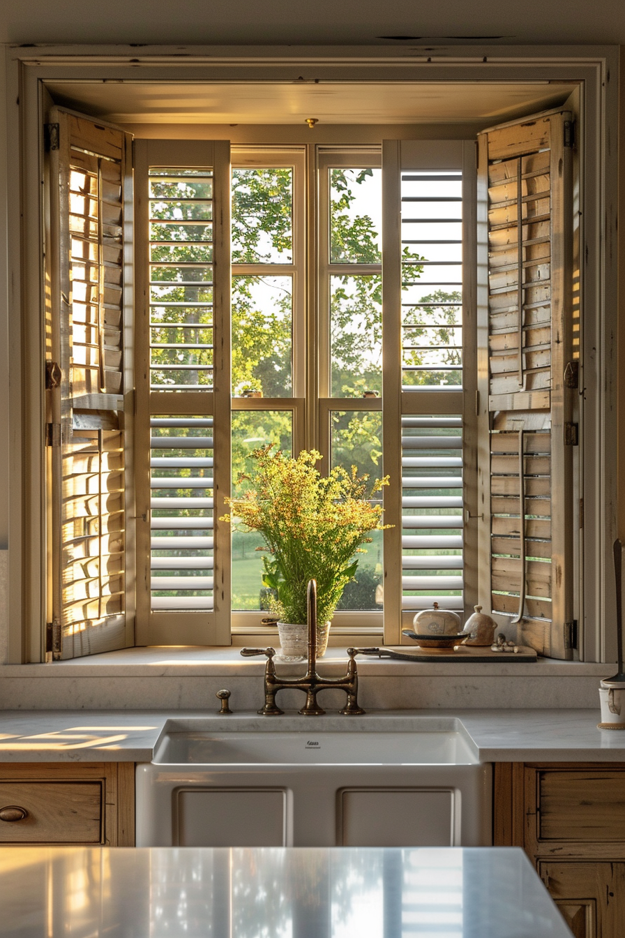 Sunlit country-style kitchen with open window shutters and a vase of flowers on the windowsill behind a farmhouse sink.
