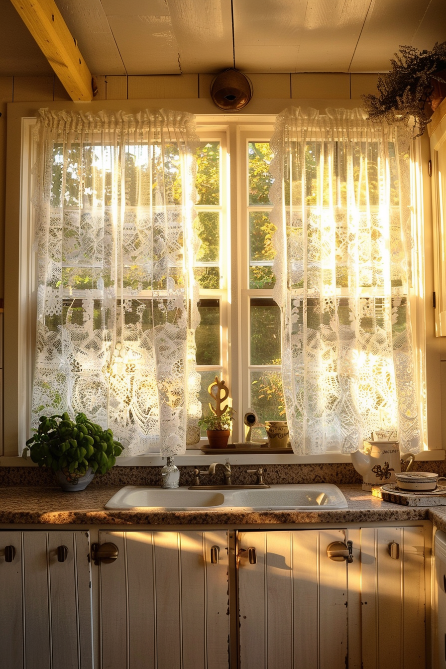 Sunlight streaming through lace curtains onto a cozy kitchen sink area with plants and dishes.