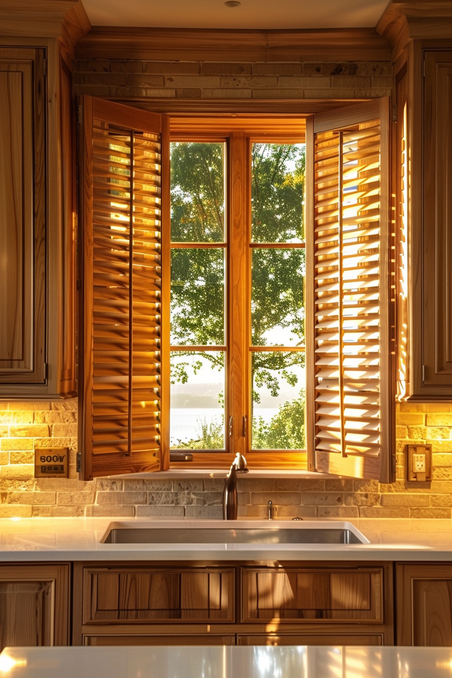 Sunlight streams through a kitchen window with wooden shutters overlooking greenery.