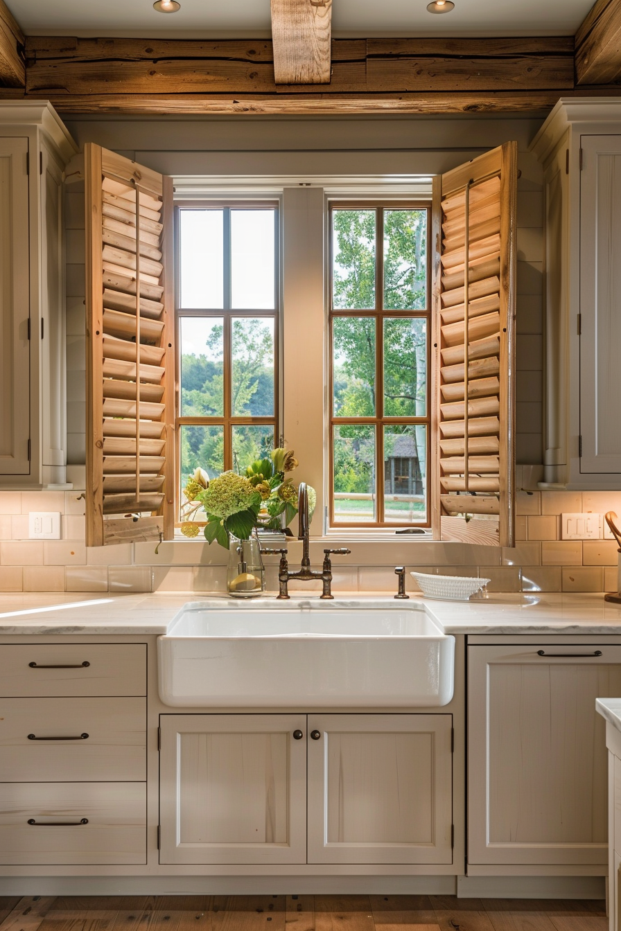 A cozy kitchen with white cabinetry, farmhouse sink, and wooden shutters open to greenery outside.