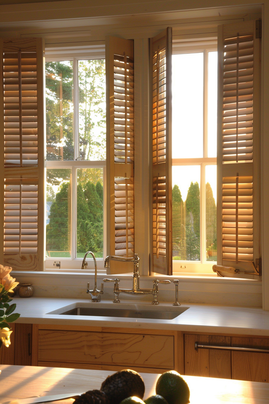 A warm kitchen interior with sunlight shining through windows with open wooden shutters, highlighting a sink and countertop.