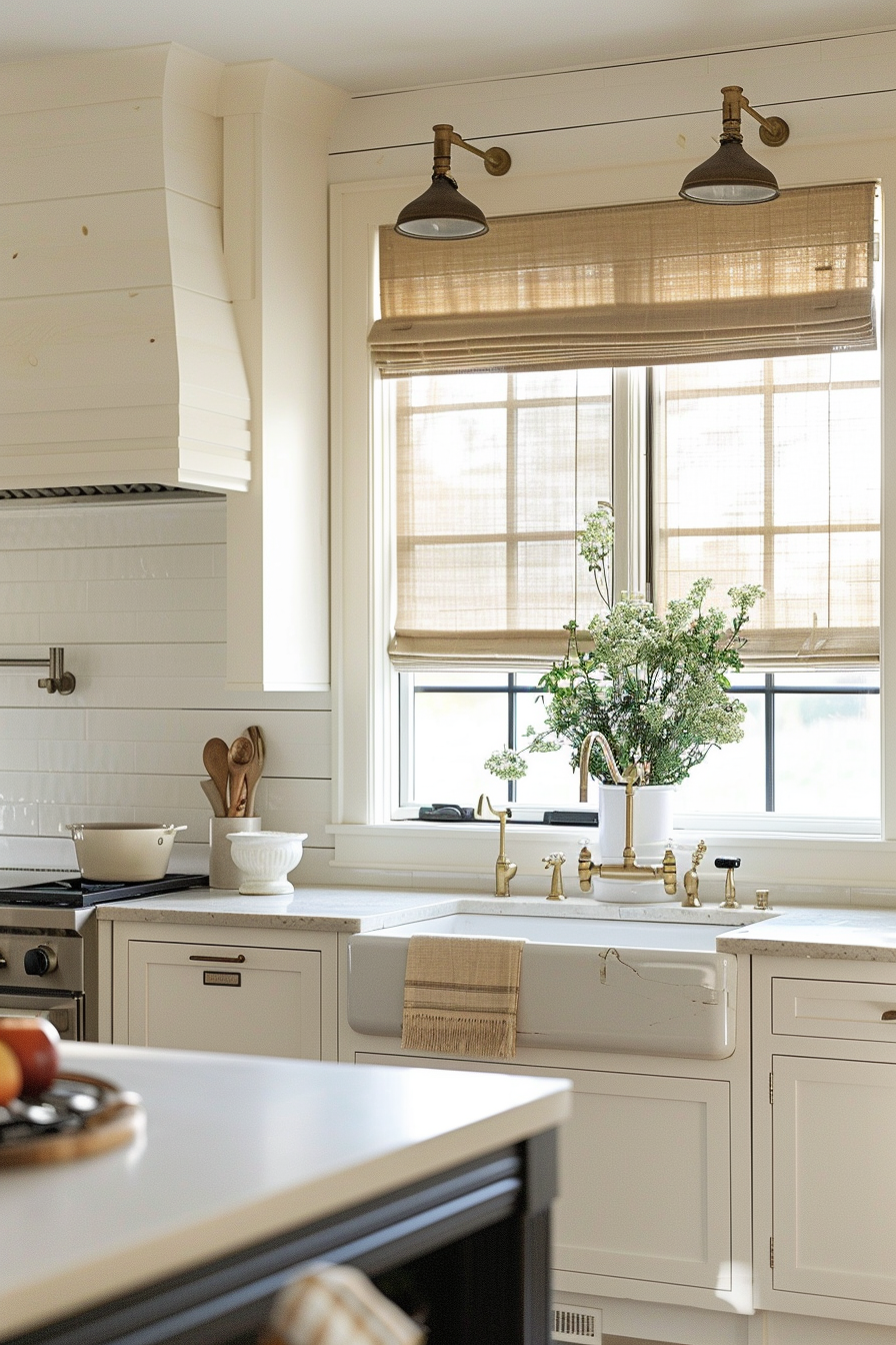 Bright kitchen interior with white cabinetry, a farmhouse sink, subway tiles, and pendant lights above the window with greenery.