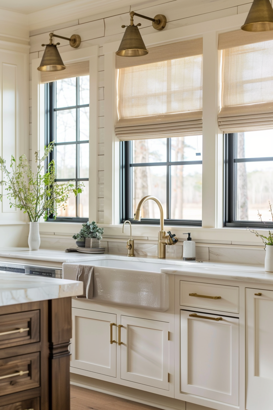 Elegant kitchen interior with white cabinetry, farmhouse sink, brass fixtures, and pendant lights, with a view to the outdoors.