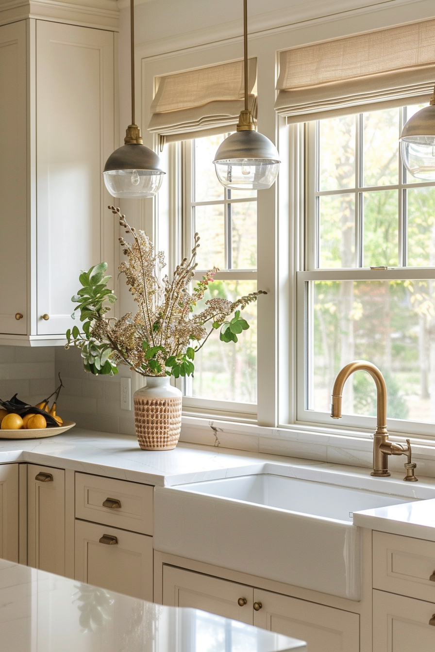 Bright kitchen with white cabinets, farmhouse sink, brass fixtures, and hanging lights above the window showcasing nature outside.