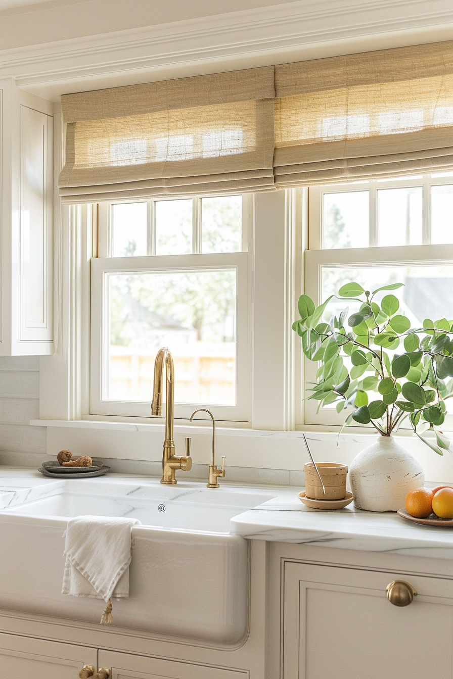 Bright kitchen interior with gold faucet, white farmhouse sink, potted plant on windowsill, and beige roman shades.