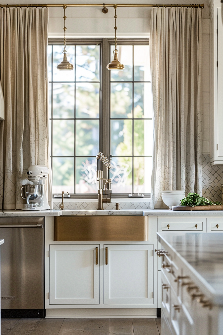 Elegant kitchen interior with white cabinets, brass fixtures, sophisticated pendant lights, and a large window with curtains.