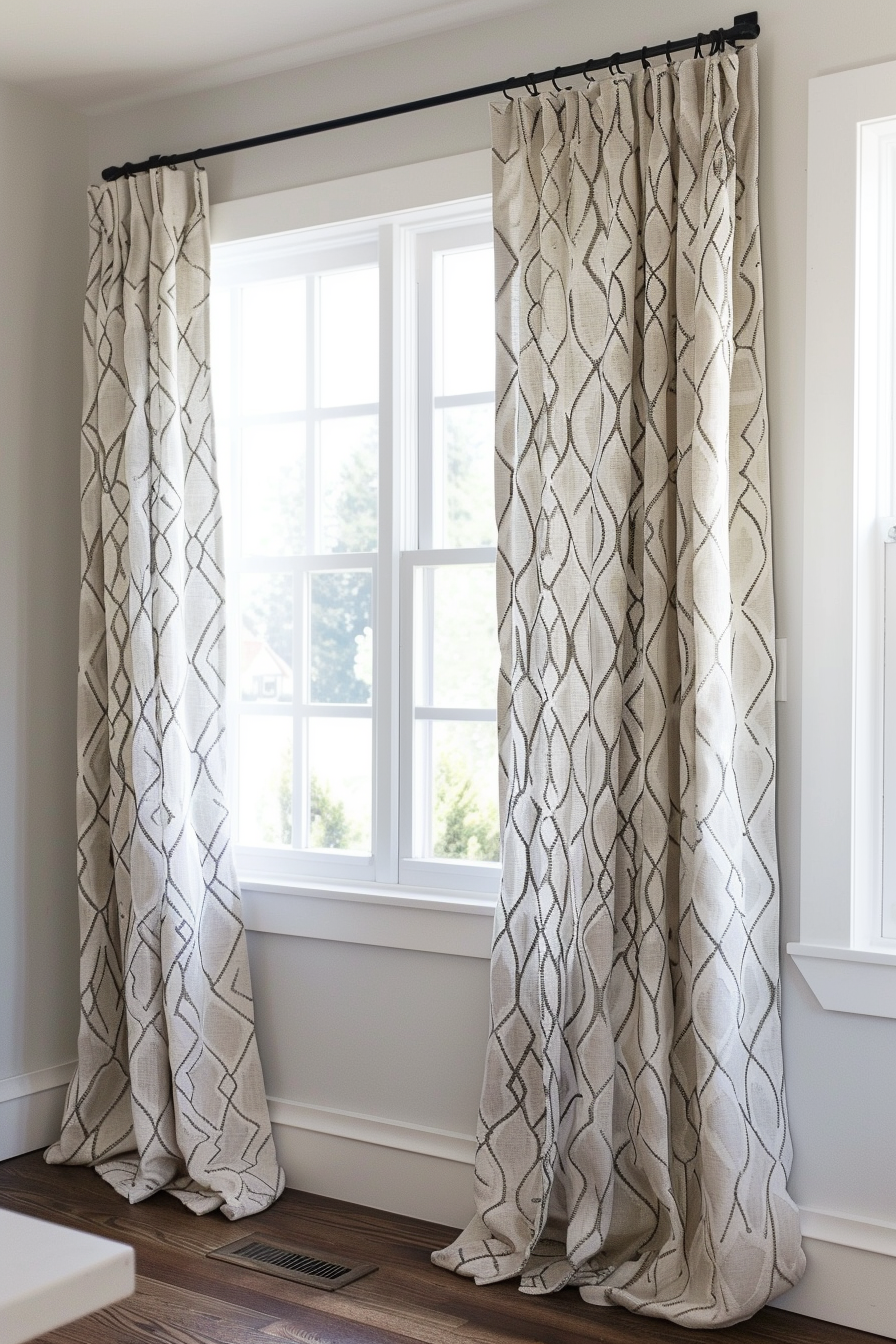 Elegant patterned curtains hanging on a black rod in front of a window in a room with white walls and hardwood floor.