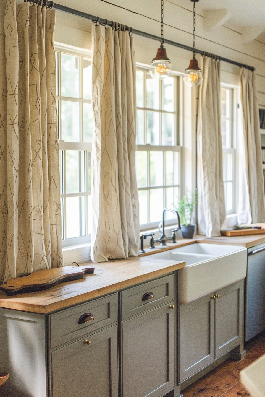 ALT text: A cozy kitchen interior with beige patterned curtains, hanging lights, a farmhouse sink, wooden counters, and grey cabinets.