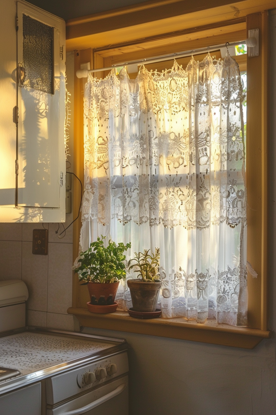 A cozy kitchen corner with lace curtains filtering sunlight onto potted plants by the window and a vintage stove.