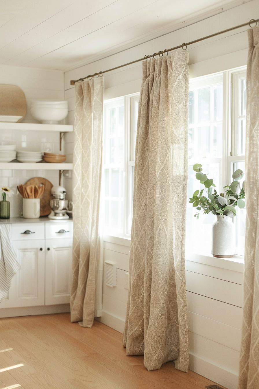 ALT: A cozy kitchen corner with elegant beige patterned curtains, white cabinetry, and a vase with greenery on the windowsill.