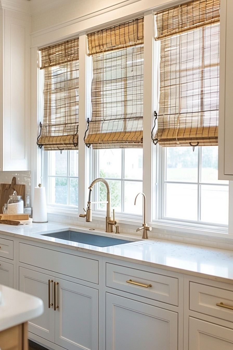 Bright kitchen interior with bamboo shades, white cabinets, a sink with brass faucet, and a sunlit window.
