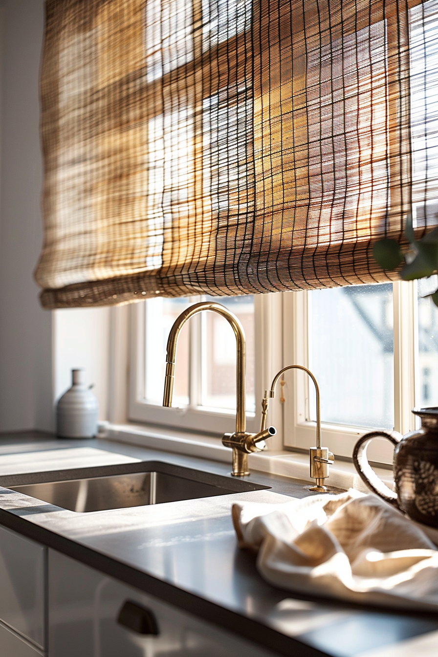 A modern kitchen with bamboo shades, golden faucet, and a stainless steel sink illuminated by warm sunlight.