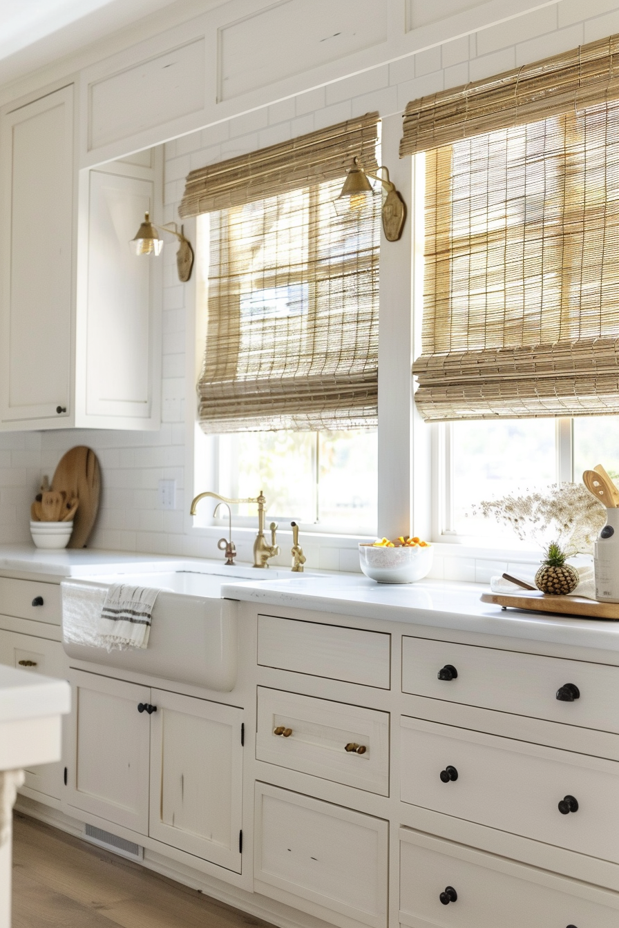 Bright, white kitchen interior with bamboo shades, farmhouse sink, brass faucet, and a bowl of fruit on the countertop.