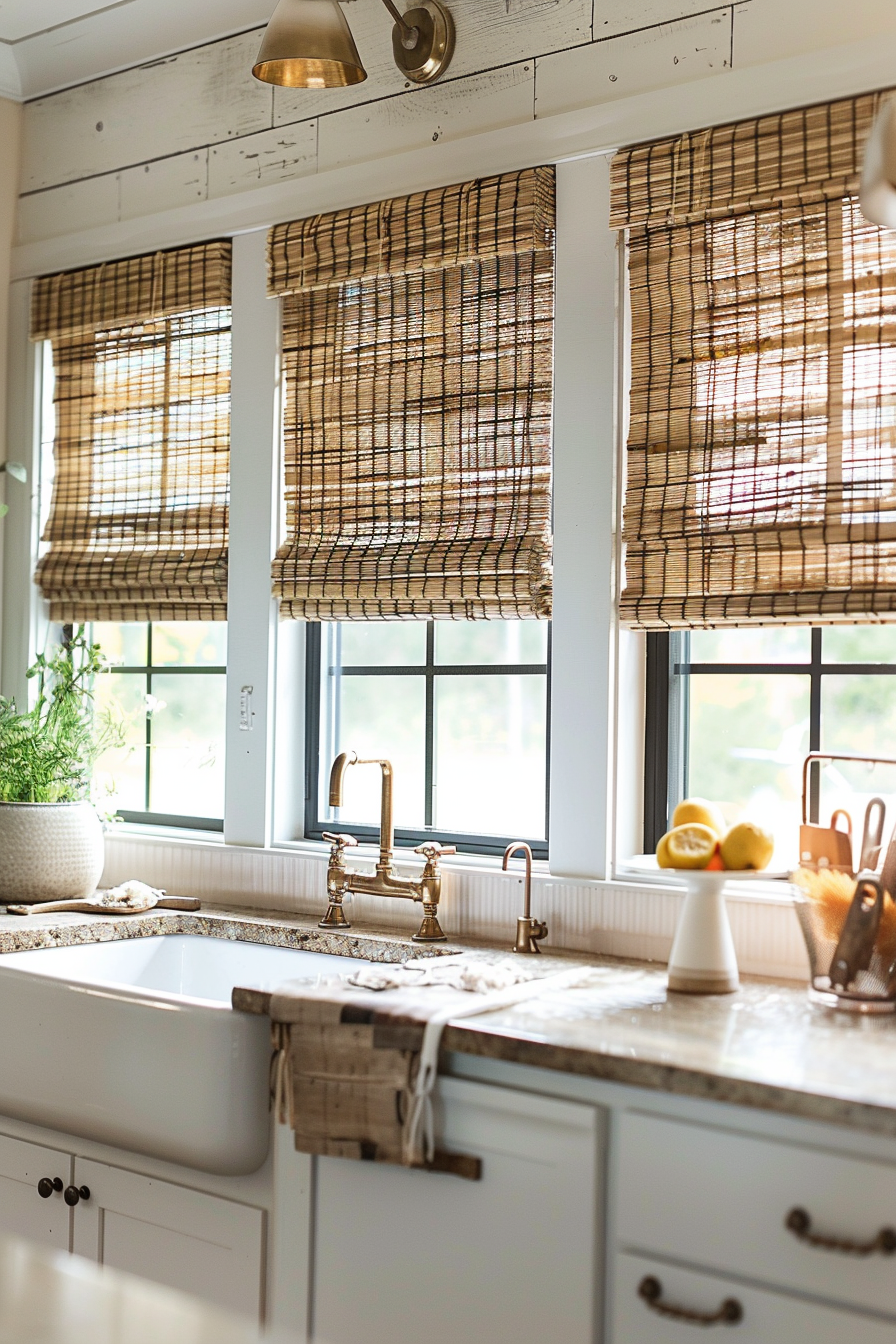 A bright kitchen with bamboo shades, white cabinets, a farmhouse sink, and brass fixtures, sunlight streaming in.