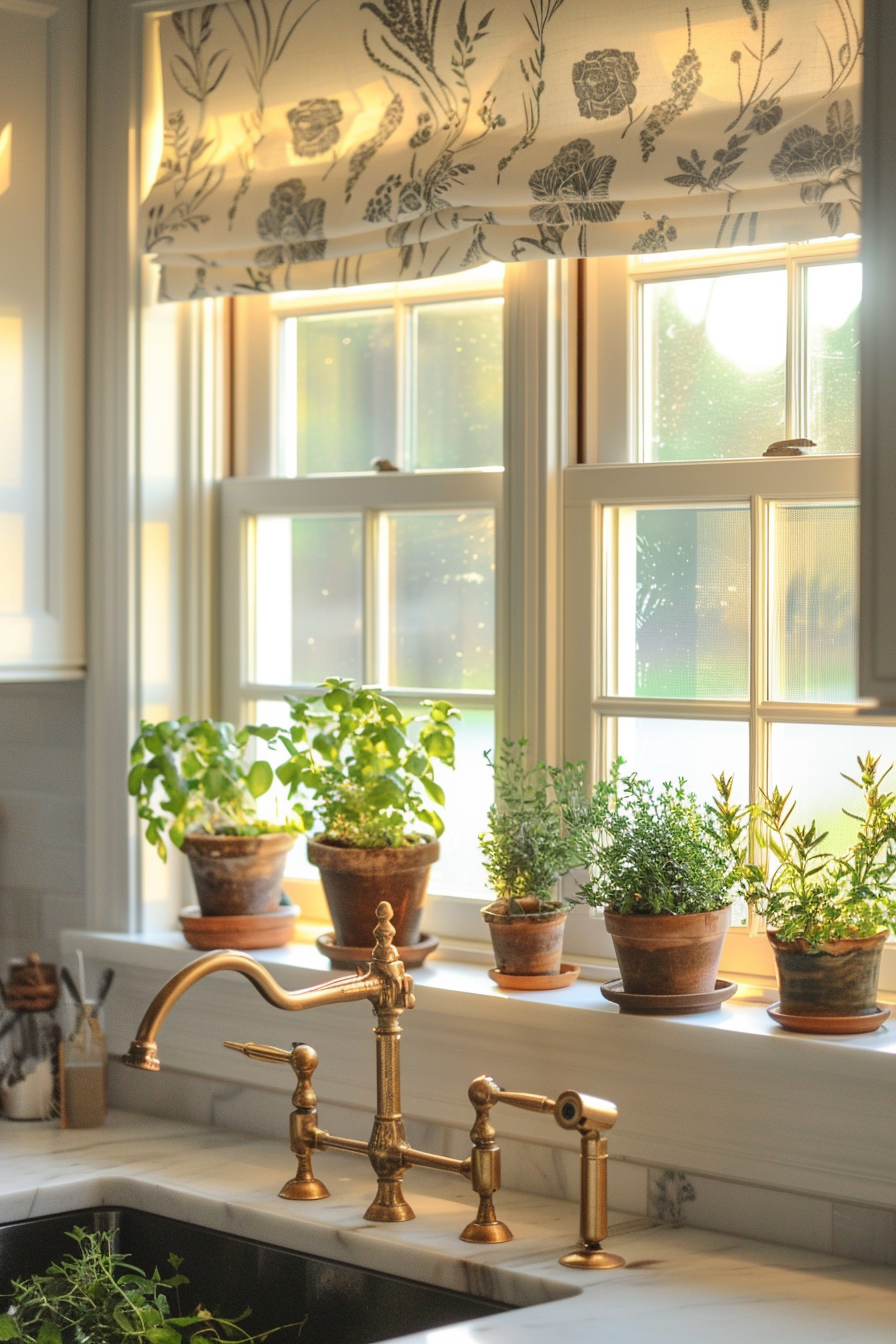 A cozy kitchen scene with sunlight streaming through a window onto potted herbs, a vintage-style faucet, and elegant patterned window shade.