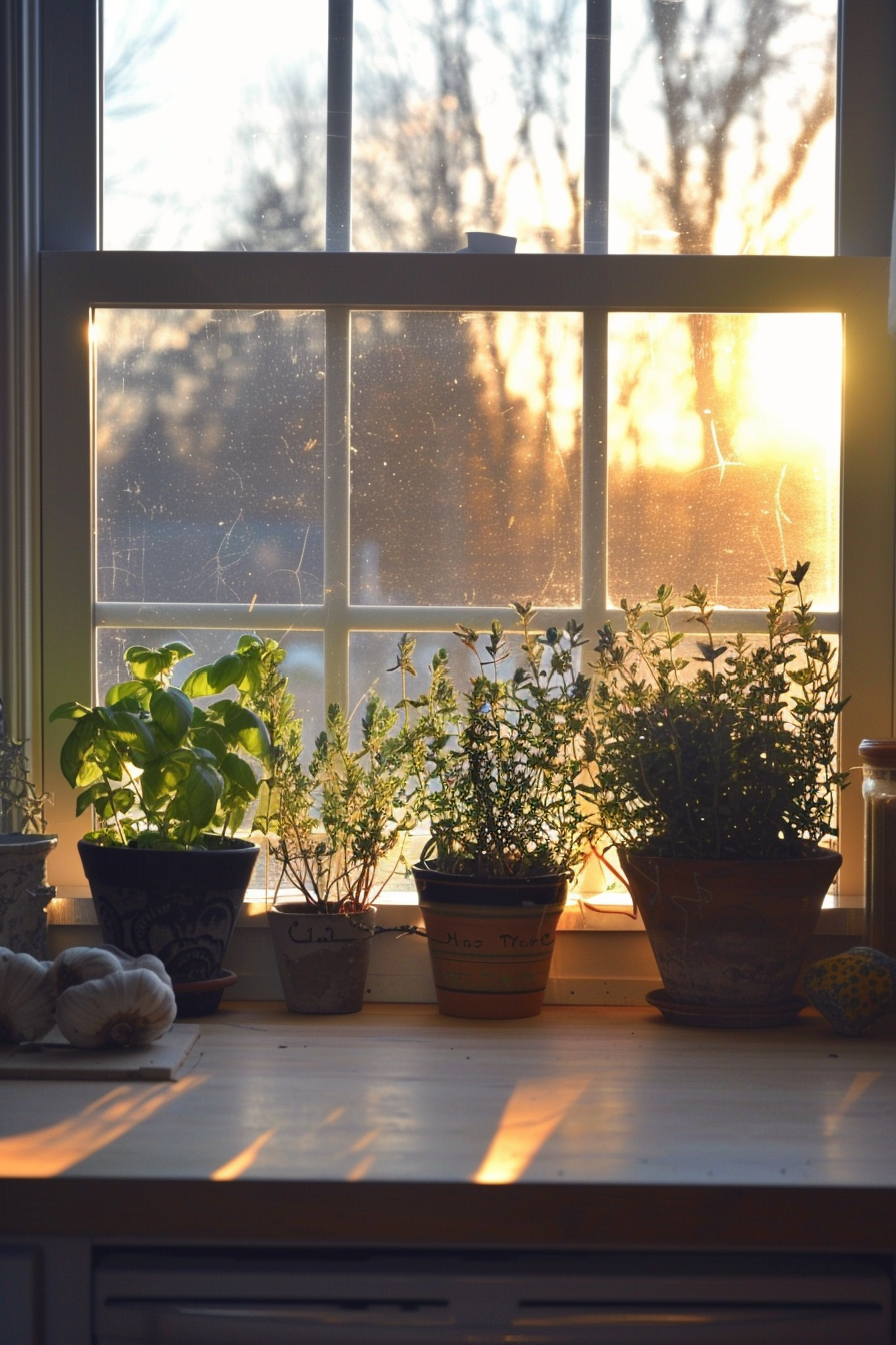 Sunset light streaming through a window onto potted herbs, casting warm shadows in a cozy kitchen.